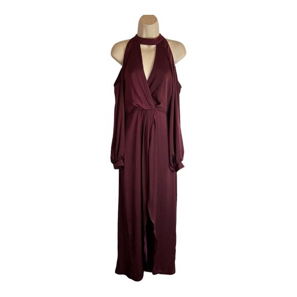 Lush NWOT Burgundy Satin Jumpsuit Cold Shoulder S Small Shorts Overskirt - Picture 1 of 9